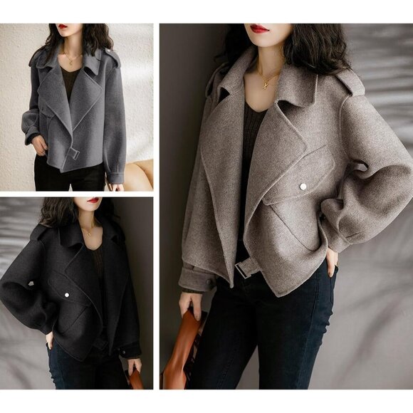 Women Dark Grey Wool Coats Notched Lapel Pea Coat Open Front Trench Overcoat - Picture 6 of 6